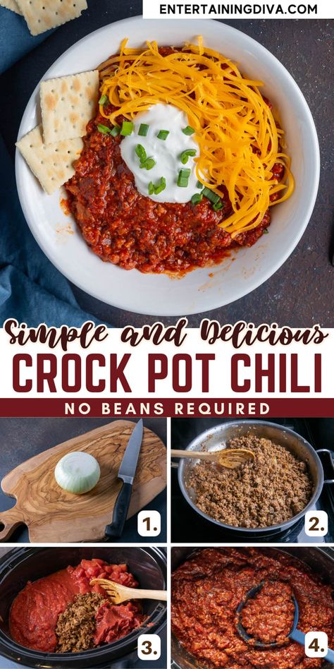 No Bean Turkey Chili, No Bean Chili Recipe, Football Party Menu, Chili No Beans, Beans Recipe Crockpot, Crockpot Chili Recipe, Easy Chili Recipe Crockpot, Hotdog Chili Recipe, Beans In Crockpot