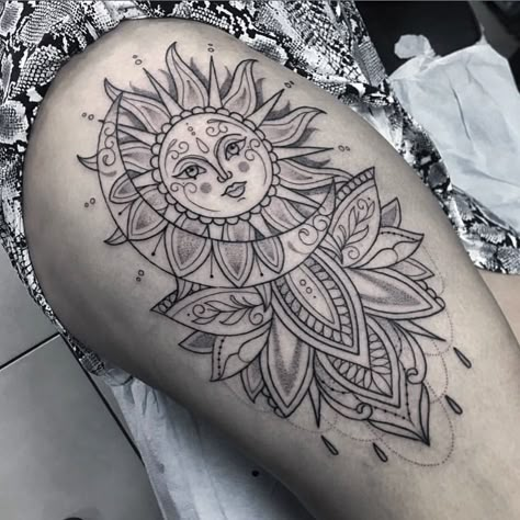 Awesome Thigh Tattoos For Women, Sun And Moon Tattoo Half Sleeve, Sun And Moon Leg Tattoos Women, Sun And Moon Sleeve Tattoo, Sun And Moon Leg Tattoo, Sun And Moon Tattoo On Thigh, Sun And Moon Hip Tattoo, Sun And Moon Thigh Tattoo, Mandela Tattoo Thigh