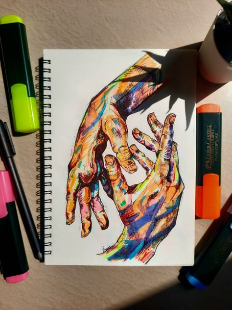 Bright Color Drawing, Crayon Portrait, Highlighter Art, Hole Drawing, Hand Anatomy, Posca Markers, Color Pencil Sketch, Art Drawing Sketch, Hand Reference