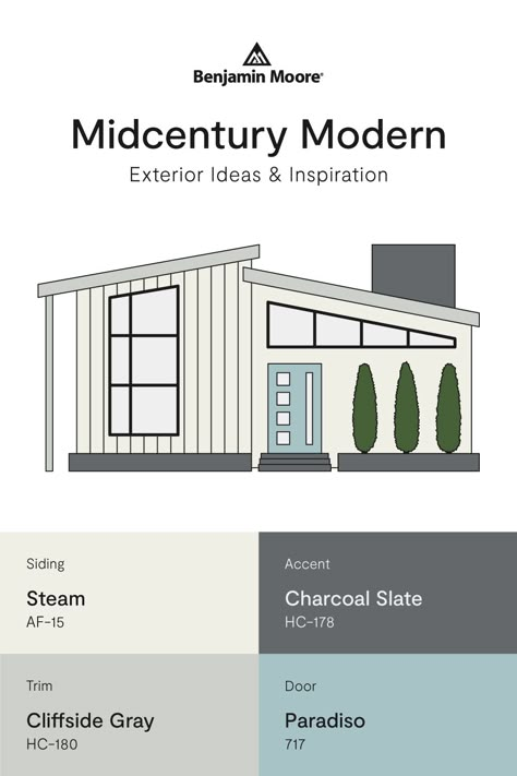 Mid Century Modern Exterior Color Palette, Mid Century Modern House Colors Exterior, Grey Mid Century House Exterior, Midcentury Home Exterior Paint Colors, Mid Century Modern Home Exterior Paint Colors, Midcentury Exterior Colors, Mid Century House Exterior Colors, Contemporary Home Exterior Colors, Mid Century Interior Paint Colors