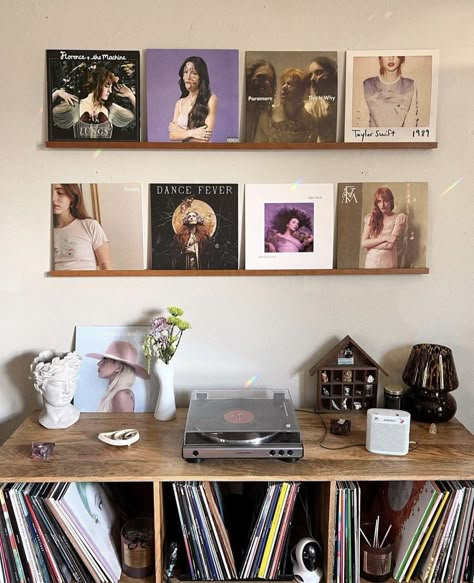 Vinyl Shelf, Vinyl Record Display, Vinyl Display, Vinyl Room, Music Corner, Urban Outfitters Home, Record Room, Vinyl Aesthetic, Girl Cave