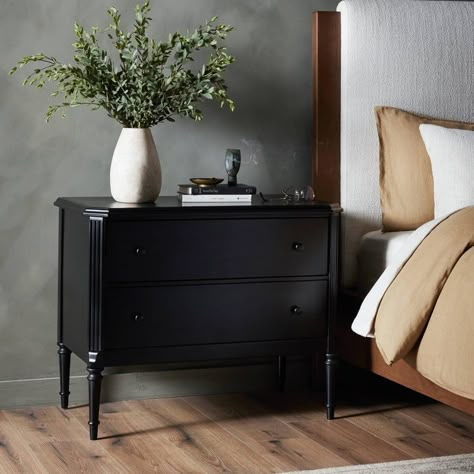 This French-inspired full-on metal nightstand features turned leg detailing, classic moulding along the edges and an ogee edging on top. Drawers open and close on smooth side-mount metal glides. Crafted from iron in a matte black. Black Nightstand Bedroom, Modern Southwest Home, Nightstand Wall, Hotel Inspired Bedroom, Fancy Apartment, Black Nightstands, Classic Moulding, Ogee Edge, Black Bedside