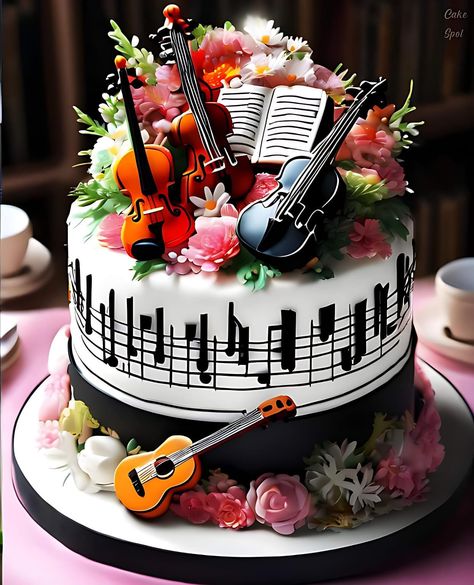 Happy Birthday Love Cake, Bolo Musical, Happy Birthday Flower Cake, Music Cake, Birthday Cake Decorating Ideas, Happy Birthday Cake Pictures, Fantasy Cake, Buttercream Cake Decorating, Happy Birthday Wishes Cake