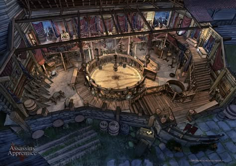 Training Grounds Concept Art, Assassin's Apprentice, Feng Zhu Design, Training Grounds, Interior Concept Art, Feng Zhu, Moonlight Painting, Isometric Art, Scenery Background