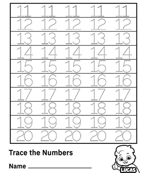 Free Printable Worksheets for Kids - Trace Numbers 11-20 Worksheets Teaching Teen Numbers, Trace The Numbers, Prek Homeschool, Kids Learning Numbers, Trace Numbers, Free Printable Alphabet Worksheets, Number Worksheets Kindergarten, Preschool Number Worksheets, Tracing Worksheets Free