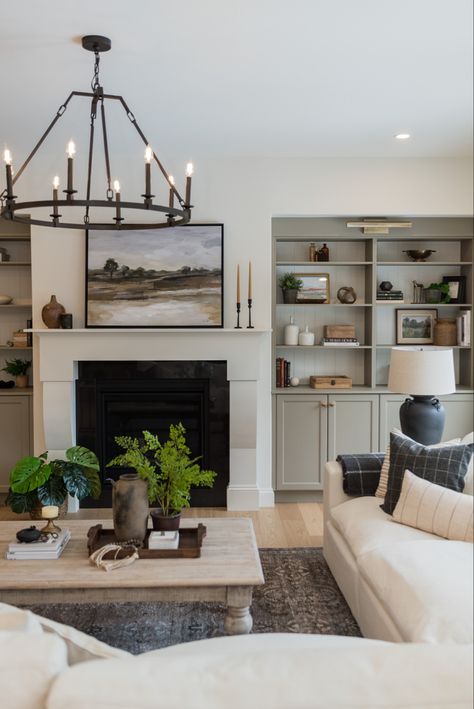 White Living Room Built Ins, Living Room With White Built Ins, Traditional Living Room Built Ins, Grey Living Room Cabinets, Living Room Built In Paint Colors, Fireplace Built Ins Living Room, Transitional Built Ins, Fireplace Built In Decor, Shelves With Fireplace Built Ins