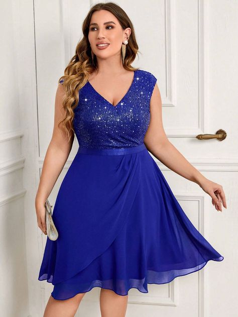 MIUSOL Plus Contrast Sequin Chiffon Wrap Hem Cocktail Party Swing Dress, Semi Formal DressI discovered amazing products on SHEIN.com, come check them out! Semi Formal Plus Size Dresses, Semi Formal Plus Size, Formal Plus Size Dresses, Royal Blue Party, Plus Prom Dresses, Dress Semi Formal, Chiffon Wrap, Semi Formal Dress, Semi Formal Dresses