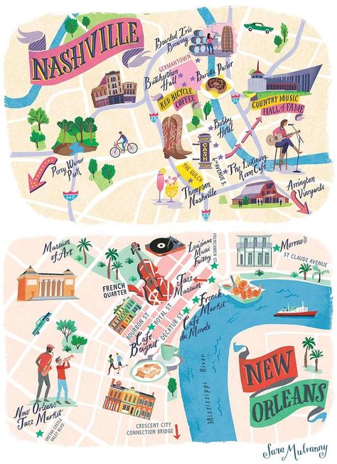 Illustrated maps of Nashville and New Orleans for CBS Watch! Magazine Magazine featuring landmarks and foodie destinations of the cities. ©SaraMulvannyIllustrationLtd Nashville Map Illustration, Nashville Illustration, Nashville Landmarks, New Orleans Illustration, Plant Festival, Map Of Nashville, Nashville Map, New Orleans Map, Illustrated Maps