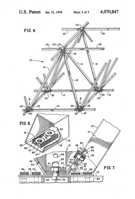 Space frame structure  US 4070847 A Space Frame Structure Detail, Space Frame Architecture, Space Frame Structure, Space Truss, Seismic Design, Truss Structure, Section Drawing, Steel Structure Buildings, Steel Trusses