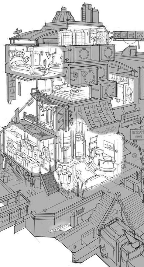 Sci Fi Cities, Cool Line Drawings, Isometric Perspective, Iphone Wallpaper Hd 4k, Feng Zhu Design, Feng Zhu, Hidden Room, Environment Sketch, Perspective View