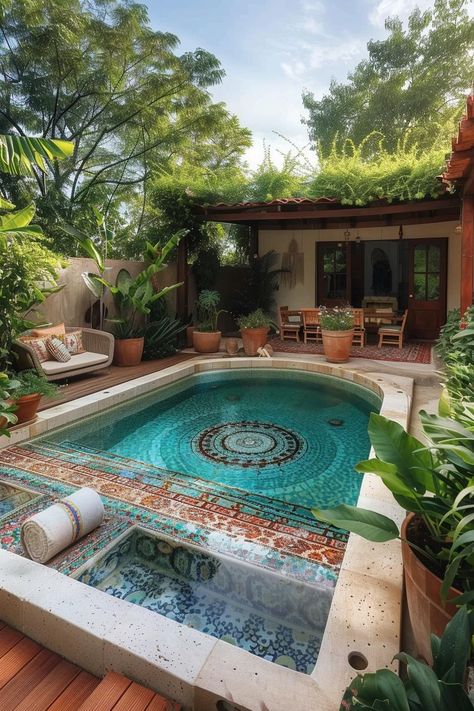 15 Stunning Above Ground Pool Ideas for Your Backyard 12 Mexico Pool Ideas, Outside Pool Ideas, Florida Pool Patio Ideas, Pool Remodel Ideas, Bohemian Pool, Retro Patio Furniture, Raised Pools, Unique Landscaping, Landscaping Pool