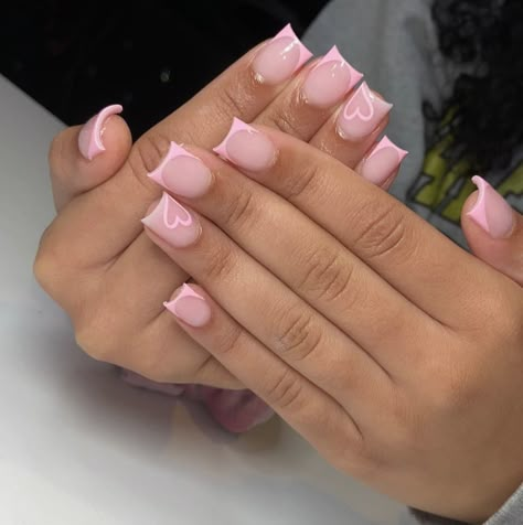 Nails Acrylic Short Basic, French Tip Different Shades Of Pink, Short Nails Square Simple, Soft Pink French Tip Nails Square, Short Frenchies Nails With Design, Short Nails No Design, Basic Light Pink Nails, Short Acrylic Nails Heart Design, Pink Squoval Acrylic Nails