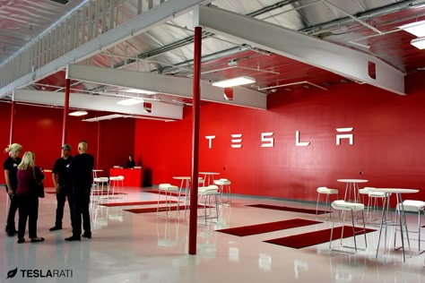 Tesla Office, Car Warehouse, Car Showroom Interior, Mobile Shop Design, Red Office, Photo Scavenger Hunt, Interior Design Student, Tesla Car, Office Branding