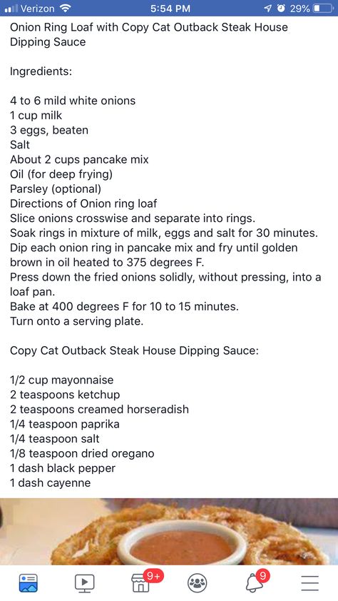 Onion Ring Loaf w/Outback Copycat Dip Copycat Outback Toowoomba Salmon, Onion Ring Dip, Copycat Meals, Cat Meals, Onion Loaf, Copycat Outback, Blooming Onion Recipes, Recipe Copycat, Onion Ring