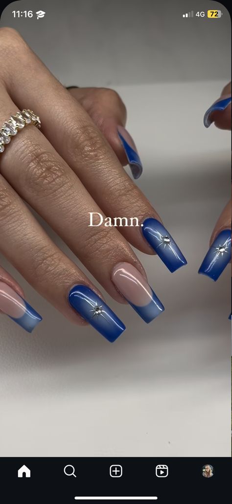 Pretty Nail Art Designs Blue, Blue Ombre Nails French Tip, Dark Blue Nail Inspiration, Electric Blue Nails With Design, Powder Blue Square Nails, Ombre Nail Designs Blue, Navy Blue Nails Homecoming, Nails For Brazil, Simple Cute Blue Nails