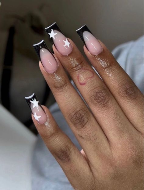 Stars Nails, Black French Tip, Black French Tips, Black French, Star Nails, White Stars, French Tip Nails, Black Nails, French Nails