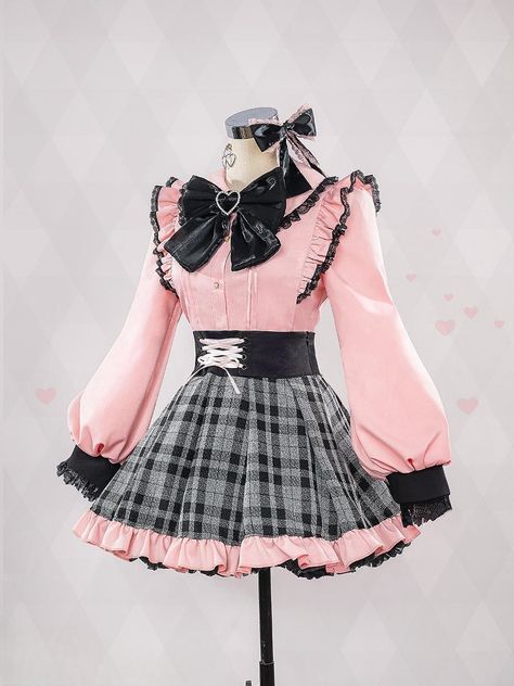 This price includes a shirt, a skirt, a bow tie, a pair of stockings, a pair of bowknot hairclips, a pair of ear clips and rings.  Step into the world of kawaii fashion with this adorable Hoshino Ai Jirai Kei cosplay outfit! This charming pink shirt and gray skirt ensemble captures the essence of Lolita-style clothing, perfect for cosplay events, tea parties, or simply adding a touch of whimsy to your everyday look. Embrace your inner Lolita with this delightful costume set inspired by OSHI NO KO's distinctive aesthetic.  Shirt   	 		 			Size 			S 			M 			L 			XL 		 		 			Full Length 			54 			55.5 			57 			58.5 		 		 			Bust 			84 			88 			92 			96 		 		 			Sleeve Length 			61 			62 			63 			64 		 		 			Shoulders 			34 			36 			38 			40 		 	     Skirt   	 		 			Size 			S 			M 			L 			XL Jirai Kei Sweater, Pink Star Outfit, Cult Party Kei Fashion, Cute Core Clothing, Pink Futuristic Outfit, Jirai Kei Skirt, Menhara Fashion, Clown Fashion Aesthetic, Visual Kei Fashion Outfits