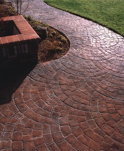 Fan Pattern, Brick Concrete Walkways Brickform Rialto, CA European Fan Stamped Concrete, Concrete Pattern, Stamped Concrete Patterns, Stamped Concrete Walkway, Concrete Sidewalk, Gold Landscape, Stamped Concrete Driveway, Patio Floor, Concrete Path