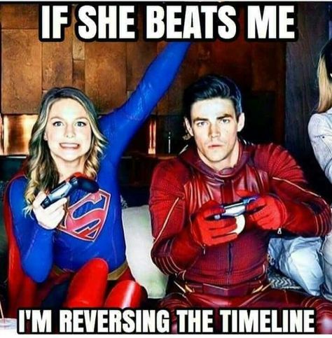 Not a good idea!  Dear Supergirl, PLEASE do NOT beat him! He will screw up the timeline again!! Flash Funny, Arrow Verse, Tenacious D, Superhero Shows, Flash Barry Allen, Superhero Memes, The Flash Grant Gustin, Dc Tv Shows, Supergirl Dc