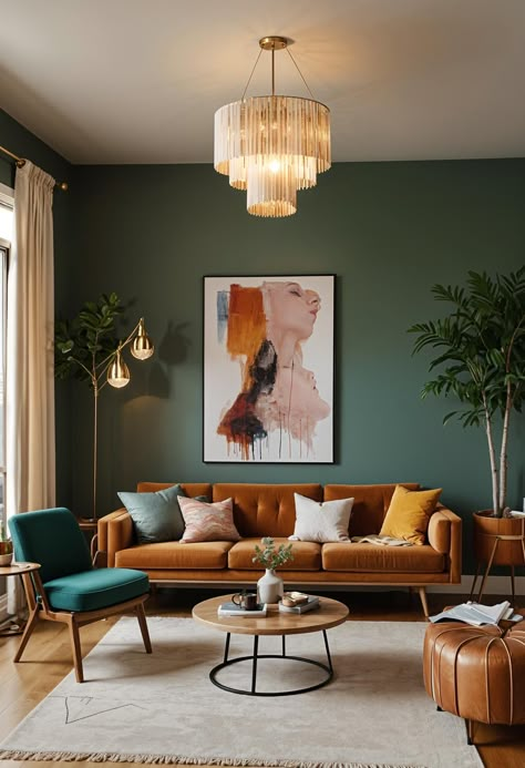 Best Living Room Colors Cozy, Interior Design Boho Modern, Mid Century Colorful Living Room, Mid Century Style Living Room, House Paint Ideas Interior Living Room, Living Room Color Designs, Inspired Modern Living Room, Boho House Decor Living Rooms, Modern Boho Living Room Inspiration