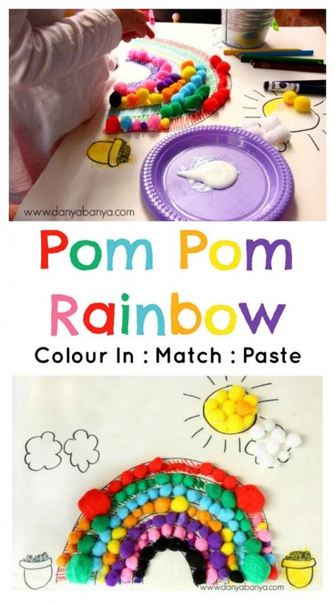 Pom Pom Rainbow Collage – Danya Banya Rainbow Party Games, Pom Pom Rainbow, Party Games Kids, Rainbow Collage, St Patrick's Day Activities, Games Kids, Teaching Colors, Lamb Decorations, Colour Match