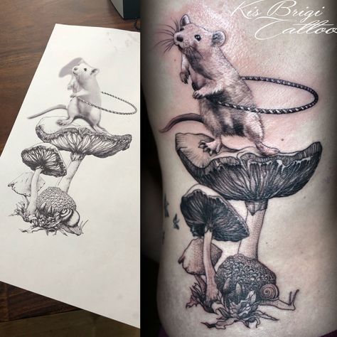 hula hoop little rat dancing on mushrooms with snails - sweet little black and grey tattoo work as a part of a back piece made by Brigi Tattoo Anansi Munich Germany Artist Snail Tattoo, Munich Germany, Back Pieces, Tattoo Work, Black And Grey Tattoos, Whimsical Art, Beautiful Words, Art Tattoo, Tatting