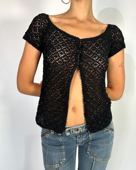 Cap sleeve and open neck Black crochet cardigan tee … so so cute!!!!!!! One off 90s vintage piece! Love this with a bikini or as a layering piece . . $80 free shipping Australia wide Black Crochet Cardigan, Crochet Blouses, Open Neck, Vintage Cap, Crochet Blouse, Black Crochet, Retail Therapy, Crochet Cardigan, 90s Vintage