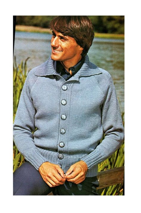 Male cardigan Boy's knitting pattern in DK. raglan sleeves collar mans jacket. #Sirdar Mens Shawl Collar Cardigan, Double Knitting Patterns, Aran Cardigan, Ribbed Jacket, Shawl Collar Cardigan, Vintage Knitting Patterns, Mens Cardigan, Cardigan Pattern, Sweater Knitting Patterns