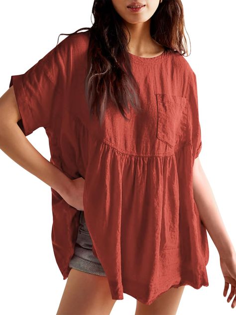 PRICES MAY VARY. Made from high-quality materials, soft linen-blend, cotton, soft, lightweight, comfortable to wear all day. this cute flowy mini dress top flatters all body types Design: Loose fit, oversized, babydoll-inspired silhouette, short sleeve, crew neck, chest pocket, keyhole closure at back, pleated detailing for added fashion, solid color, summer peplum tops, loose mini dress Easy Match: Babydoll tops for women are perfect to pair with any jeans, leggings, shorts, and sweatpants. Als Tops That Go With Linen Pants, Summer Fits Going Out, Loose Pregnancy Outfits, Southern Mom Style, Petite Boho Style, Postpartum Fashion Summer, Outfits For Big Belly Women, Amazon Womens Fashion, Postpartum Outfits Summer