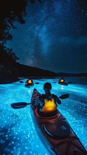 ↑↑↑ Larger size on website 🔸 A person paddles a kayak on a bioluminescent body of water. The water is a vibrant blue, with countl 🔸 From Midjourney AI Image Painting References, A Starry Night, Body Of Water, Starry Night Sky, Paddles, Vibrant Blue, Milky Way, Natural Wonders, Night Sky