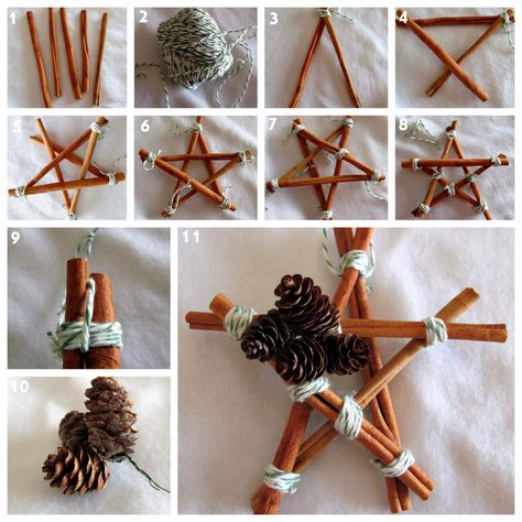 Make your very own Cinnamon Stick Stars! Great craft for the kids. Put them on your Christmas tree or give as gifts! Witchy Christmas Tree Decorations, Traditional Yule Tree Decorations, Witches Christmas Tree, Yule Handmade Gifts, Viking Yule Decorations, Wiccan Christmas Tree, Kids Yule Crafts, Pegan Christmas Tree, Wiccan Christmas Decor