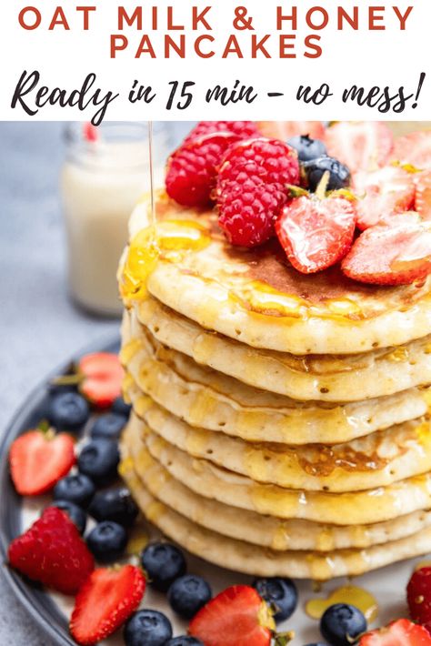 pin stack of 7 pacankes with strawberries, raspberries on top and in the plate with a drizzle of honey falling on the edge of the first pancake. Honey Pancakes, Pancake Calories, Mini Bananas, Fruit Toppings, Dairy Free Diet, Banana Oats, Delicious Breakfast Recipes, Breakfast Pancakes, Pancake Batter