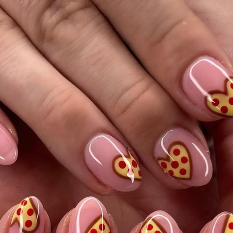 Allyssa Power on Instagram: "For the love of pizza 🍕❤️ Dip w/ Art #pizzanails #heartpizzanails #heartpizza #valentinesnails #valentinesdaynails #vdaynails #pinknails #dipnails #naturalnails #nailart #nailsofinstagram #naildesign #februarynails #nailsportland #portlandmaine" Spade Nails Design, Hippie Valentines Nails, Pizza Nails Designs, Valentines Nails Characters, Food Nails Art, Pizza Nail Art, Food Nail Designs, Food Inspired Nails, Hot Dog Nails