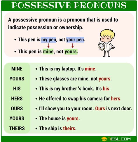 What Is A Possessive Pronoun? List and Examples of Possessive Pronouns 2 Pronouns List, Types Of Pronouns, Pronoun Grammar, Pronoun Examples, English Pronouns, Possessive Adjectives, Possessive Pronoun, Personal Pronouns, Teaching English Grammar