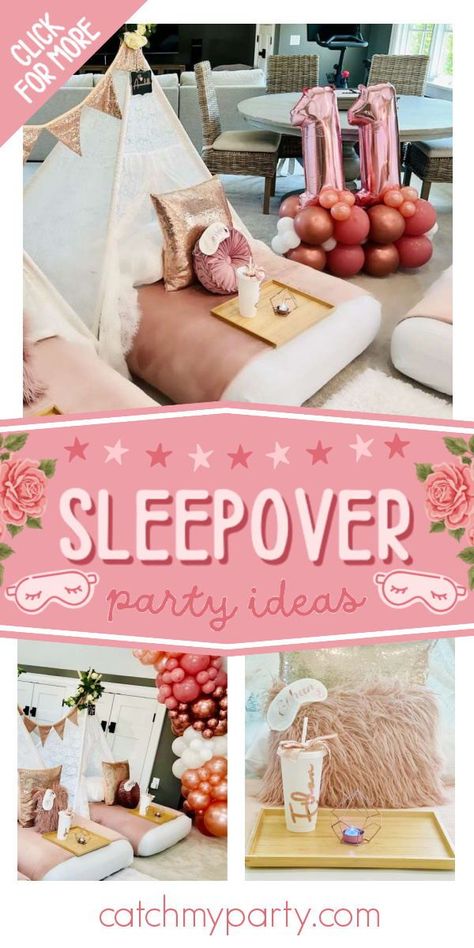 Boho Sleepover Party Ideas, Boho Slumber Party, Boho Party Activities, Rose Gold Slumber Party, Boho Sleepover Party, Sleepover Party Themes, Boho Chic Slumber Party, Sleepover Set Up Ideas, Pink Tents For Party Sleepover