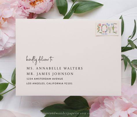 Easy-to-use Envelope Addressing Templates for your wedding invitation return address, guest addresses, and reply envelope address. These editable templates coordinate with our Modern Minimalist Invitation Set and have a simple design accented with bold fonts, a modern layout and a touch of calligraphy. Editing your printable template is easy with Corjl, a web application that allows you to edit the design directly in your browser! No need to download software or fonts. Try the free demo link bel Wedding Envelope Addressing, Addressing Wedding Envelopes, Please Deliver To Envelope, Wedding Envelope, Address Wedding Envelopes, Wedding Invitations Return Address, Save The Date Envelope Addressing, Wedding Invitation Envelopes Address, Return Address On Back Of Envelope