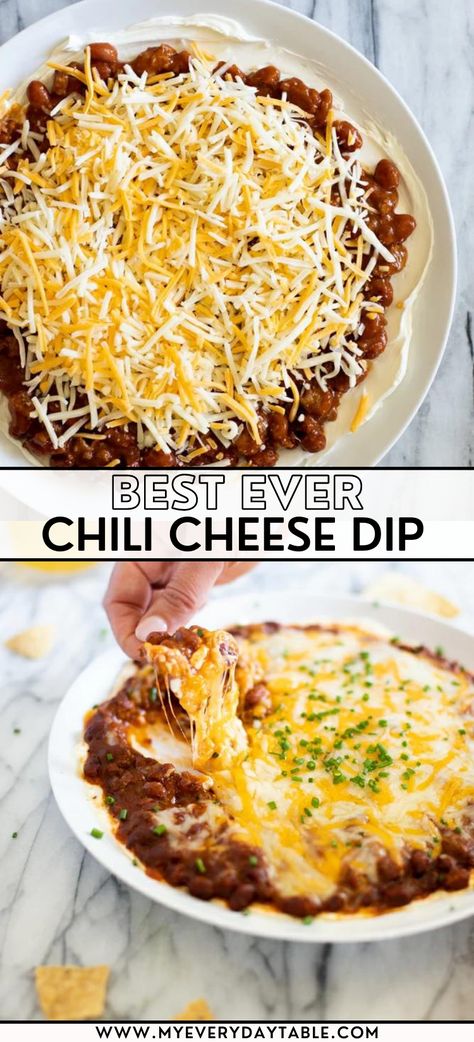 EASY CHILI CHEESE DIP RECIPE | MY EVERYDAY TABLE | You'll love this deliciously cheesy chili dip! Made with cream cheese, canned chili (beans or no beans, your choice!), and cheese. It's the best kind of football appetizer. Chili’s Queso Dip Recipe, Chili Bean Dip With Cream Cheese, Hormel No Bean Chili Dip, Chili Cream Cheese Dip Baked, Cream Cheese Hormel Chili Dip, Chilli Dip Recipe, Stagg Chili Dip Recipe, Hormel Chili Cream Cheese Dip, No Bean Chili Dip