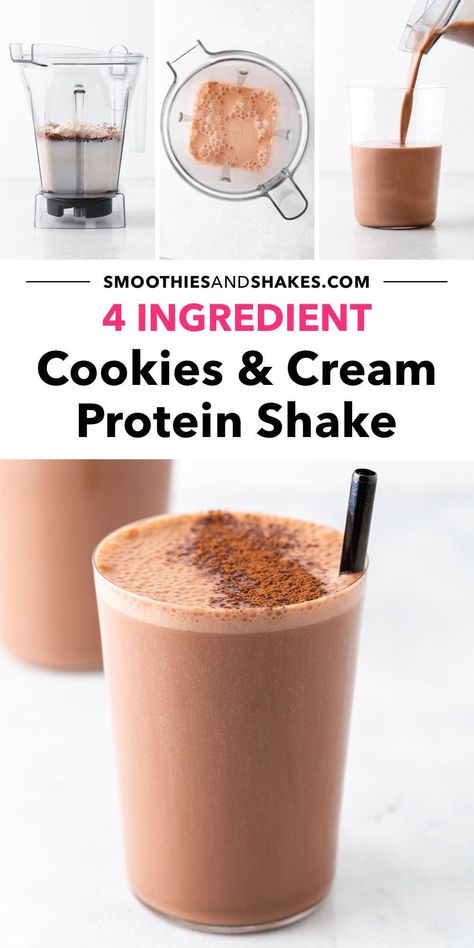 This cookies and cream protein shake is a filling post-workout snack. It’s quick, easy, and full of Oreo cookie flavor. #cookiesandcreamproteinshake #proteinshake #cookiesandcream #smoothierecipes Cookies And Cream Protein Smoothie, Cookies And Cream Protein Shake, Cookies And Cream Protein, Protein Shakes For Kids, Aip Cookies, Oreo Cookie Flavors, Low Carb Protein Shakes, 4 Ingredient Cookies, Shakeology Recipes