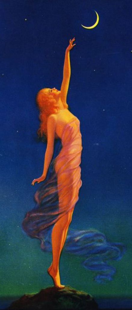 “Reaching for the Moon” by Edward Eggleston c.1933 (detail) Tarot Pictures, Morgan Core, Reaching For The Moon, Maxfield Parrish, Evening Star, Digital Journaling, Ios Wallpaper, Vintage Moon, Wallpaper Themes