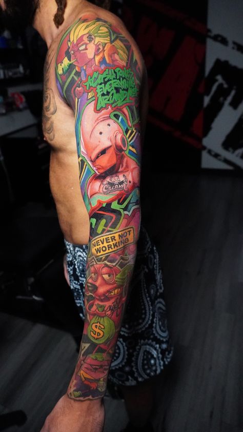 Color Cartoon Tattoo Sleeve Cartoon Network Tattoo Ideas, Cartoon Network Tattoo, Color Tattoo Sleeve, Miami Tattoo, Cartoon Tattoo, City Tattoo, Color Cartoon, Cartoon Tattoos, Tattoo Sleeve