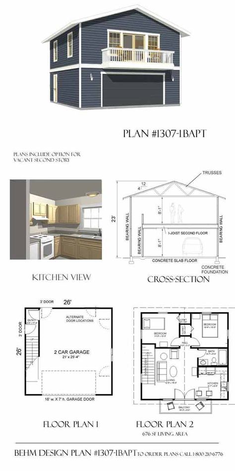 Apartment_Garage_Plan, 2 car with balcony No.1307-1bapt by Behm Design Apartment Garage, Two Story Garage, Garage Apartment Floor Plans, 2 Car Garage Plans, Garage Apartment Plan, Plan Garage, Carriage House Plans, Garage Addition, Garage Loft