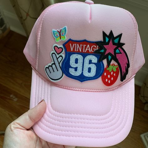 Pink Trucker Hat With Multi Patches. New With Tags. Vintage 96 Patch Hat With Butterfly, Shooting Star And Strawberry Patches. Otto Foam Front Trucker Hat All Orders Shipped 1-3 Business Days! Conditions: Like New/Clean Condition/Good Condition/No Holes/No Stains/No Pilling/No Fade Smoke Free And Pet Free Home! Trucker Hat With Patch, Patchwork Trucker Hat, Trucker Hat Designs With Patches, Patch Trucker Hat, Dylan Core, Gym Hat, Funny Trucker Hat, Pink Trucker Hat, Hat Bar