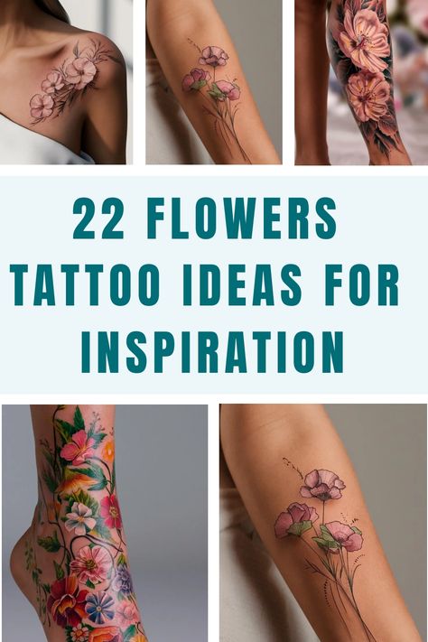 22 Flowers Tattoo Ideas for Inspiration Flower Tattoos Ideas For Women, Song Lyric Tattoos With Flowers, Idea For Tattoo For Woman, Flowers For Strength Tattoo, Flower Of The Month Tattoo, Azalea Flower Tattoo Simple, Hawaiian Floral Tattoos, Multiple Flower Tattoo, Christian Flower Tattoos