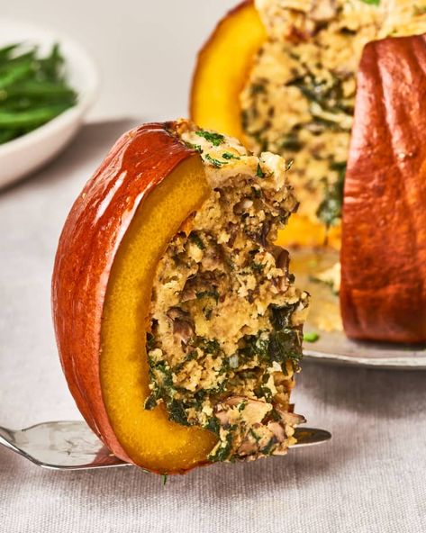 Vegetarian Stuffed Pumpkin (Recipe Review) | Kitchn Vegetarian Thanksgiving Menu, Stuffed Pumpkin, Dinner For 2, Thanksgiving Dinner Menu, Thanksgiving Dinner Recipes, Vegetarian Thanksgiving, Vegetarian Menu, Vegetarian Entrees, Thanksgiving Dishes