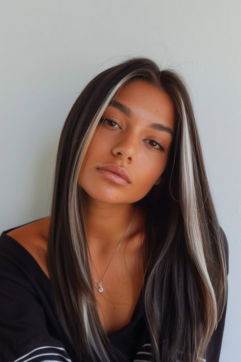 Dark To Platinum Hair, Silver Money Piece On Dark Hair, Money Pieces On Brown Hair, Chocolate Brown Hair With Money Piece, Money Pieces On Dark Hair, Dark Brown Hair With Money Piece, Ideas For Dark Brown Hair, Dark Brown Hair Color Ideas, Dimensional Balayage