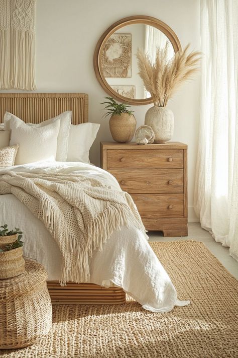 Love the bohemian aesthetic? Get inspired by 40 beautiful bedrooms that feature unique decor, layered textiles, and soft earthy colors. These ideas will help you create a welcoming and serene boho retreat. Earthy Boho Home Decor, Vintage Boho Bedroom Ideas, Boho Clean Bedroom, Boho Spare Bedroom, Cottage Boho Decor, Home Bedroom Refresh Ideas, Cozy Boho Bedroom Inspiration, Minimalist Boho Bedroom Small Spaces, Clean Boho Bedroom