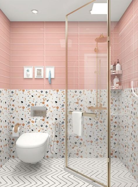 Fun Bathroom Inspiration, Terazzo Floor Interior, Terazzo Bathroom Interior Design, Pink Terrazzo Bathroom, Terrazzo Bathroom Design, Interior Design Toilet, Floor Tile Bathroom, Bathroom Bright, Makeover Kamar Mandi