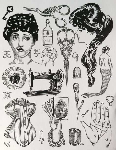 Victorian Spiritualism, Victorian Tattoo, Sewing Tattoos, Flash Designs, Beauty Marks, Witch Tattoo, Goddess Tattoo, Tattoo Flash Sheet, Flash Design