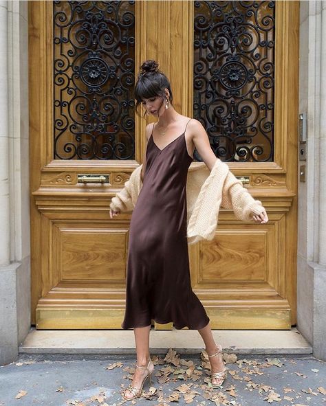 Femme Fatale on Instagram: “Silk dress ✨ @justinesoranzo” Evening Dress Outfit, Slip Dress Outfit, Parisienne Style, Parisian Summer, Dress Cardigan, Fall Cardigans, Midi Slip Dress, Mohair Cardigan, Jackson Hole