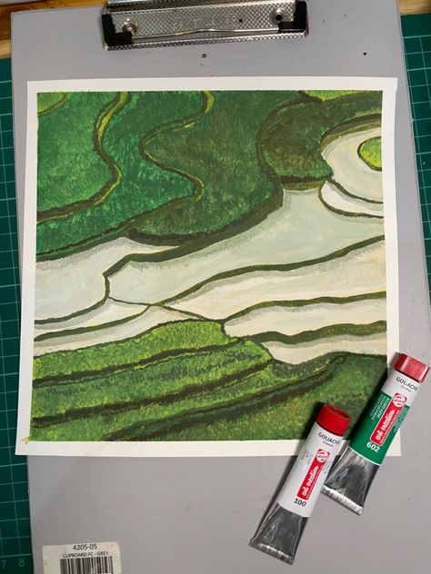 Gouache painting Rice Field Painting, Field Paint, Rice Paddy, Rice Field, Field Painting, Rice Fields, Green Paintings, Simple Green, Gouache Painting